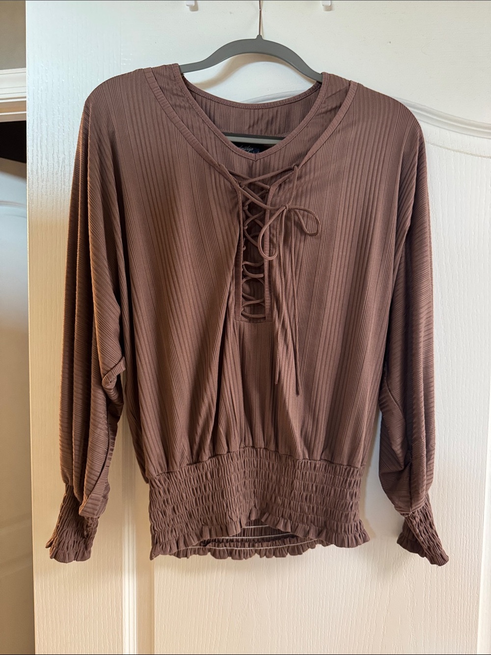Daytrip Ribbed Lace-Up Pullover Top - Brown
